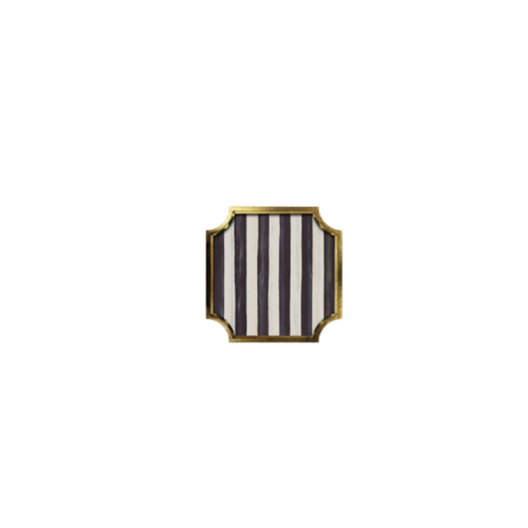 Square stackable trinket tray with black and white vertical stripes and gold leaf gallery edges.