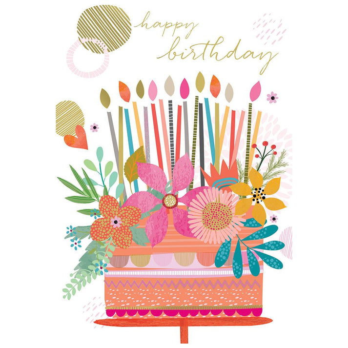 Floral birthday card with glitter foil accents featuring a floral pattern.