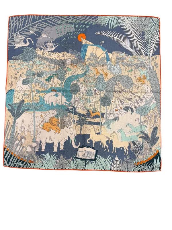 Reversible 26x26 wool and silk scarf with a detailed blue and orange jungle animal illustration.