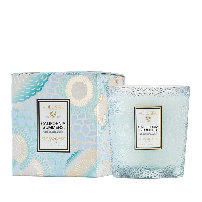 Voluspa California Summers Classic Candle in a clear embossed glass jar with decorative lid.