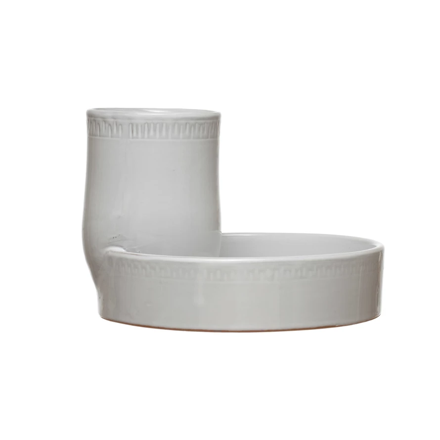Round terracotta tray with reactive glaze featuring two compartments.