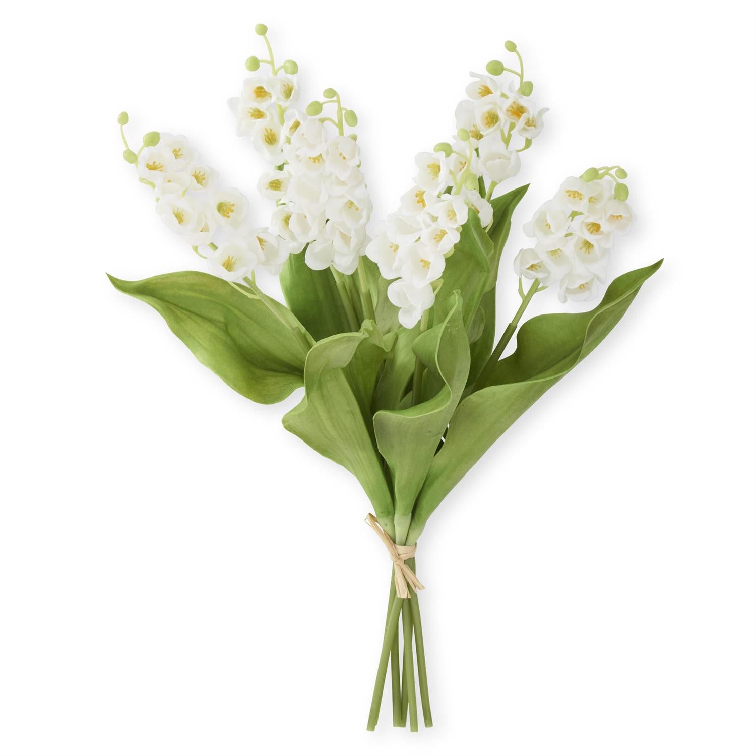 Real Touch Lily of the Valley bundle featuring a bouquet with white flowers in green foliage arranged in a clear vase.