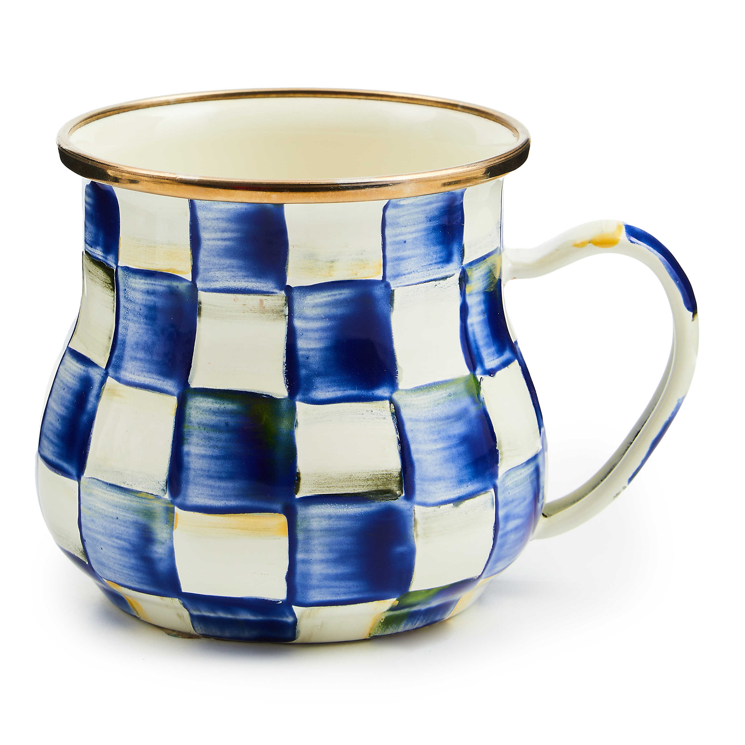 Hand-painted blue and white checkered enamel mug with a bronzed stainless steel rim.