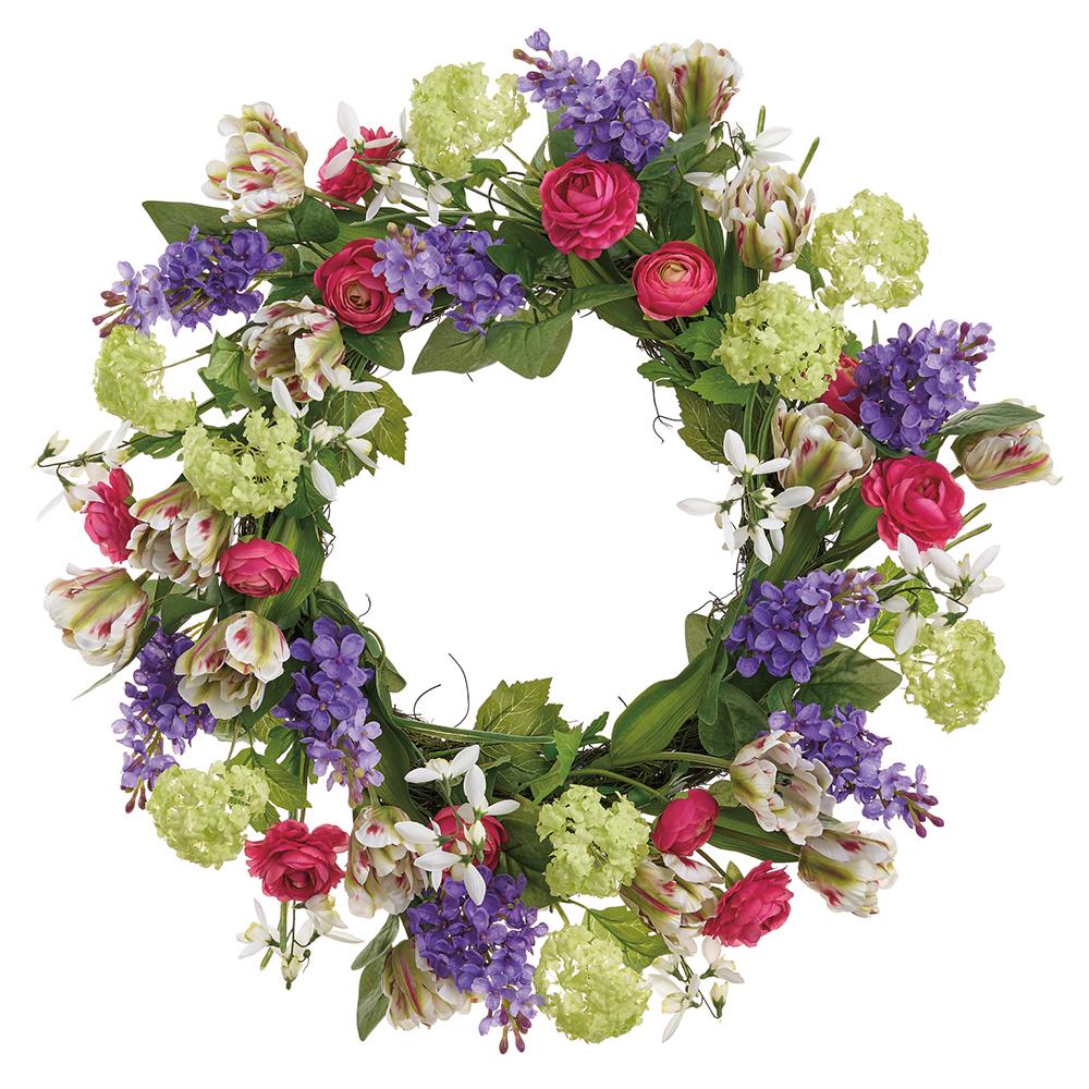 Polyester wreath with snowball, lilac, tulip flowers and China dodder vines in a mixed arrangement.