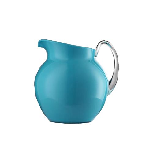 Glazed ceramic pitcher with a rounded body, narrow neck, and smooth handle in earthy tones.