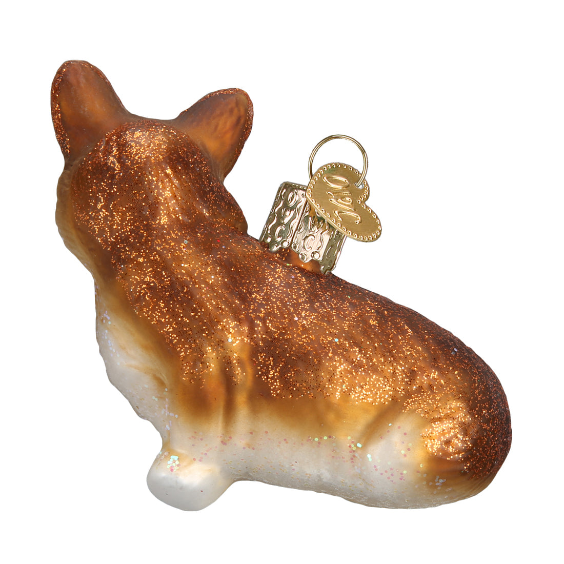 Glittery brown and white glass Pembroke Welsh Corgi Christmas ornament with a gold hanging loop.