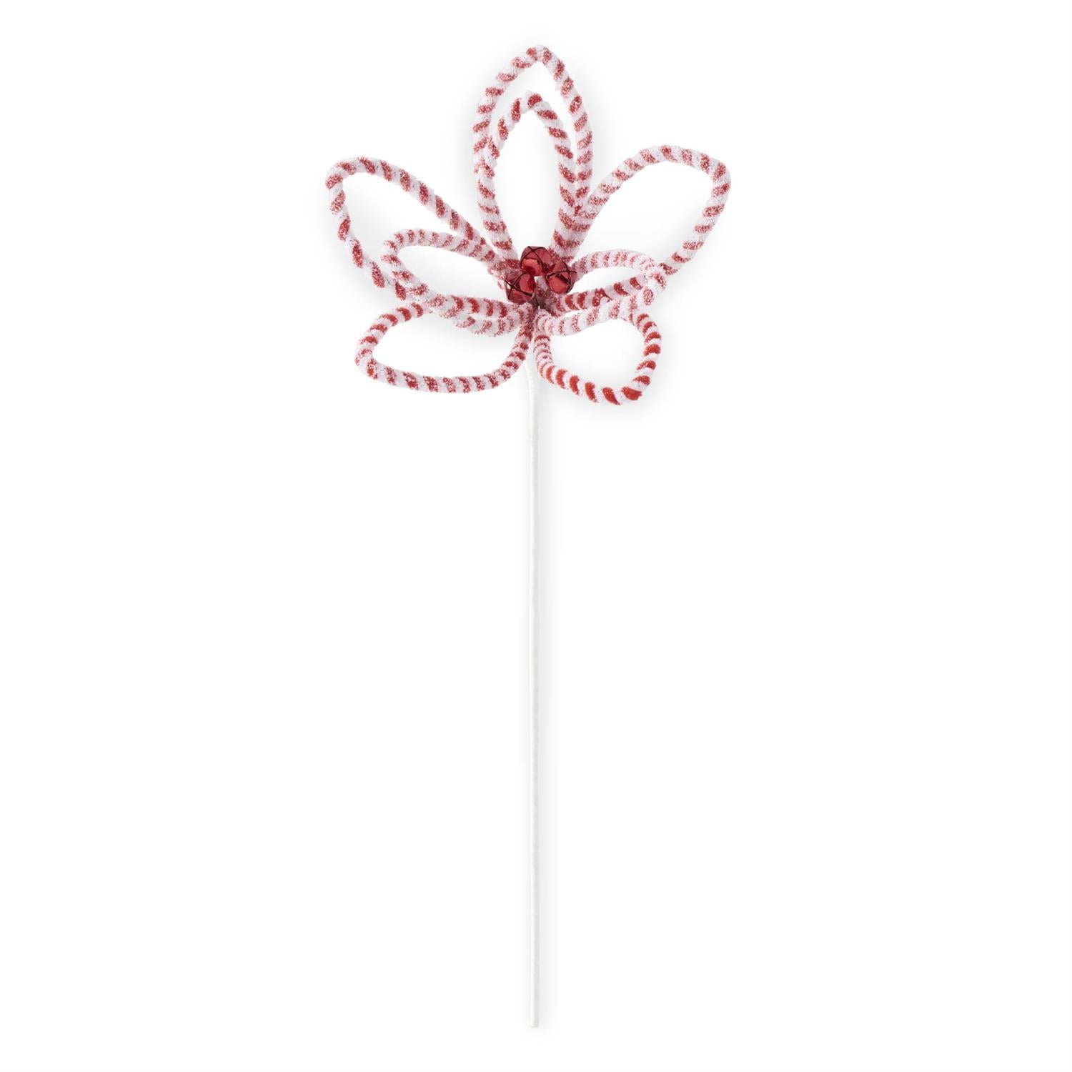 Artificial poinsettia stem with snowy red and white stripes, glittered fabric petals on wire structure.