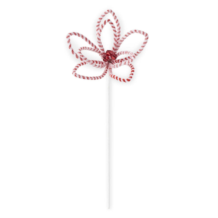 Artificial poinsettia stem with snowy red and white stripes, glittered fabric petals on wire structure.