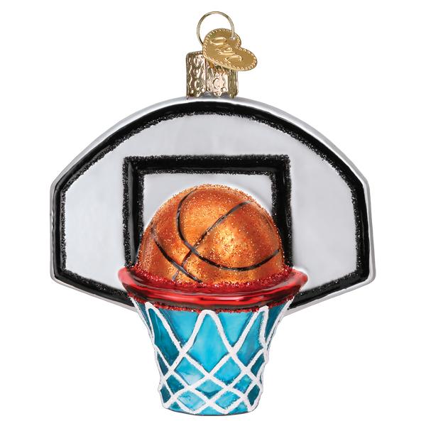 Glass basketball hoop ornament featuring a glittery orange ball going through a blue and white net.