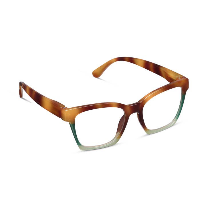 Birdie square eyeglasses with a brown tortoise shell top and a green gradient bottom frame.