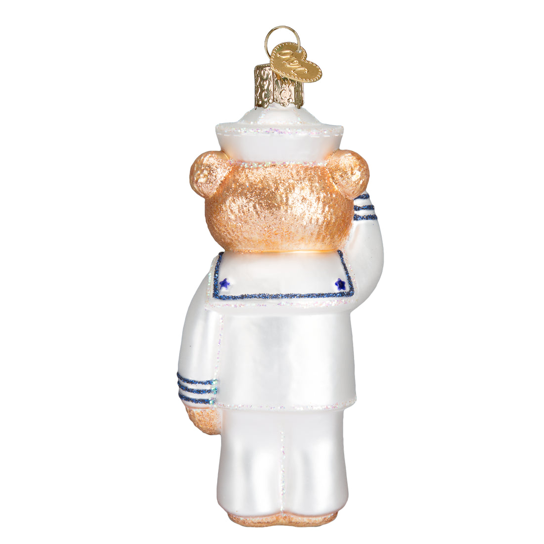 Back view of a glass Navy Bear ornament in a white sailor uniform saluting.