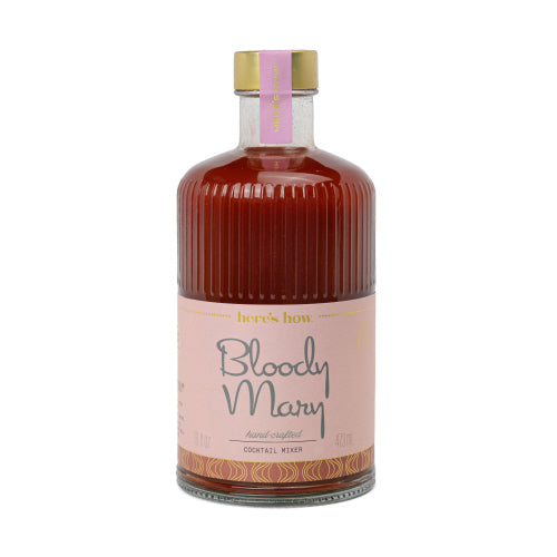 16 oz Bloody Mary cocktail mixer in a fluted glass bottle with a pink and gold label.