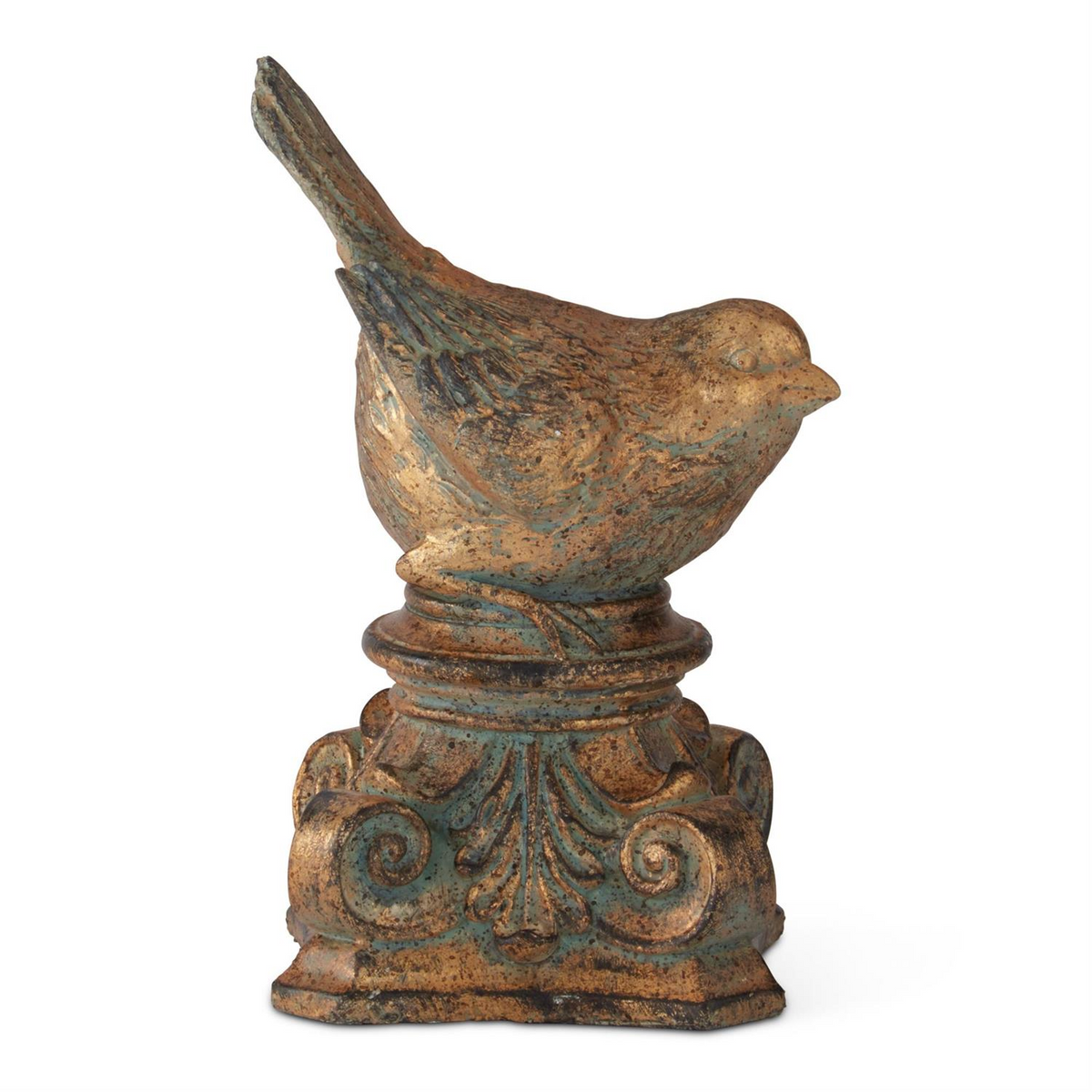 7 inch gold patina resin bird figurine with tail held high on a decorative scroll pedestal.