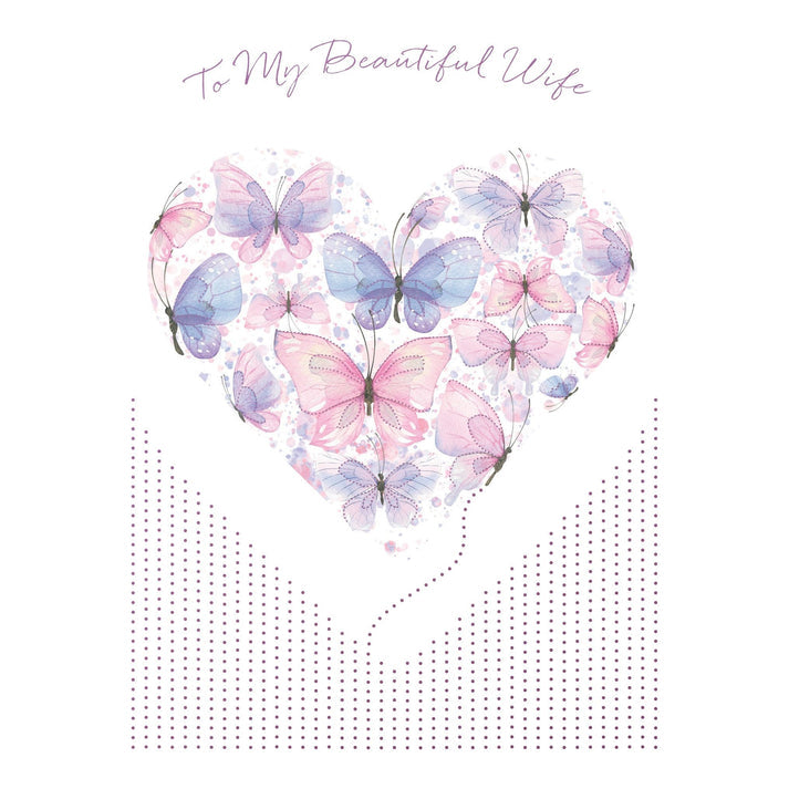 Gold foil heart-shaped card with butterfly wings; outside reads 'Occasion - BD Wife Butterfly Heart', inside says 'To My Beautiful Wife...'