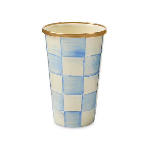 Hand-painted Sky Blue Checks on a heavy-gauge steel tumbler with bronzed stainless rim.
