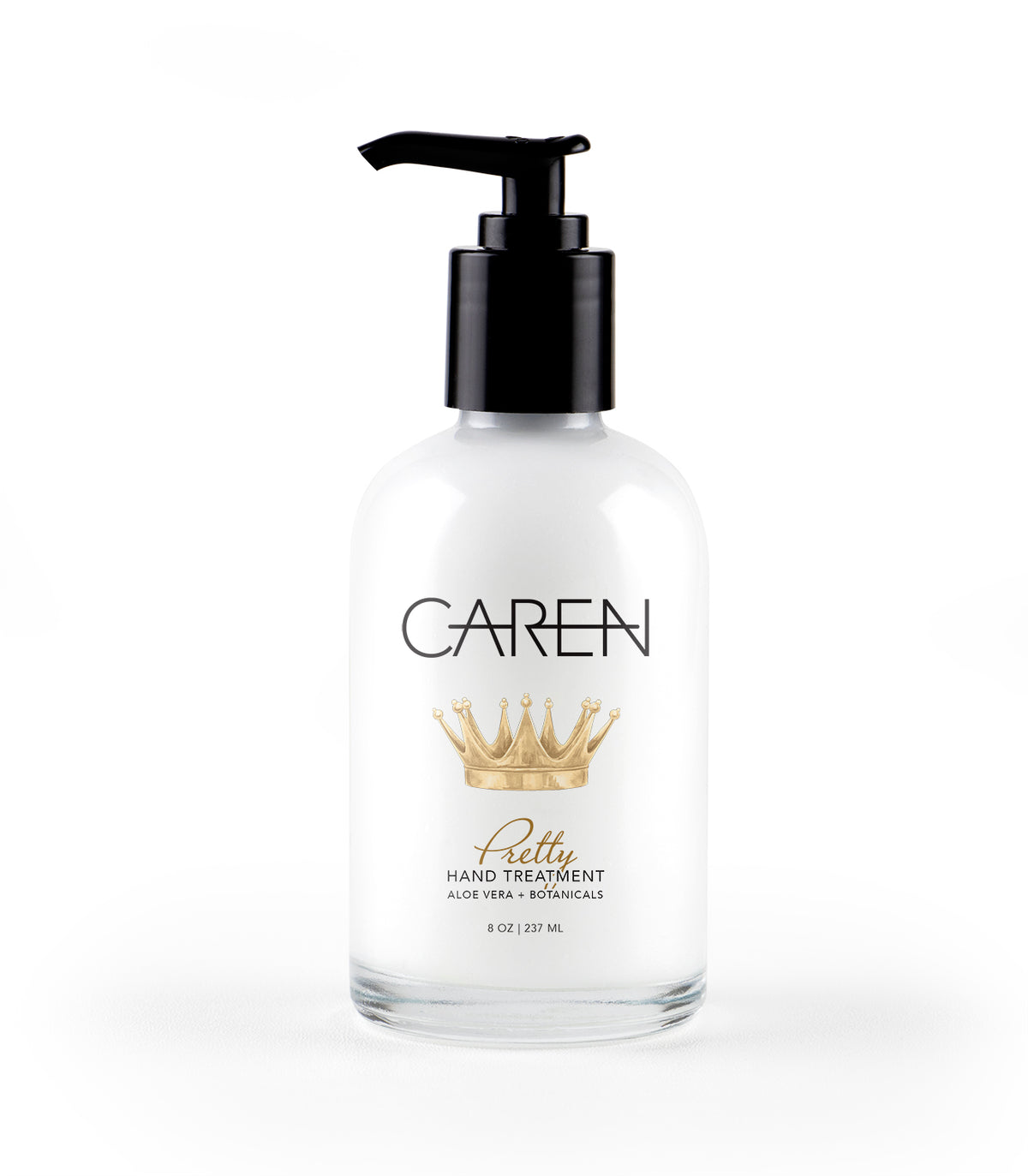 Caren Pretty Hand Treatment in an 8 oz glass bottle with a black pump and gold crown logo.