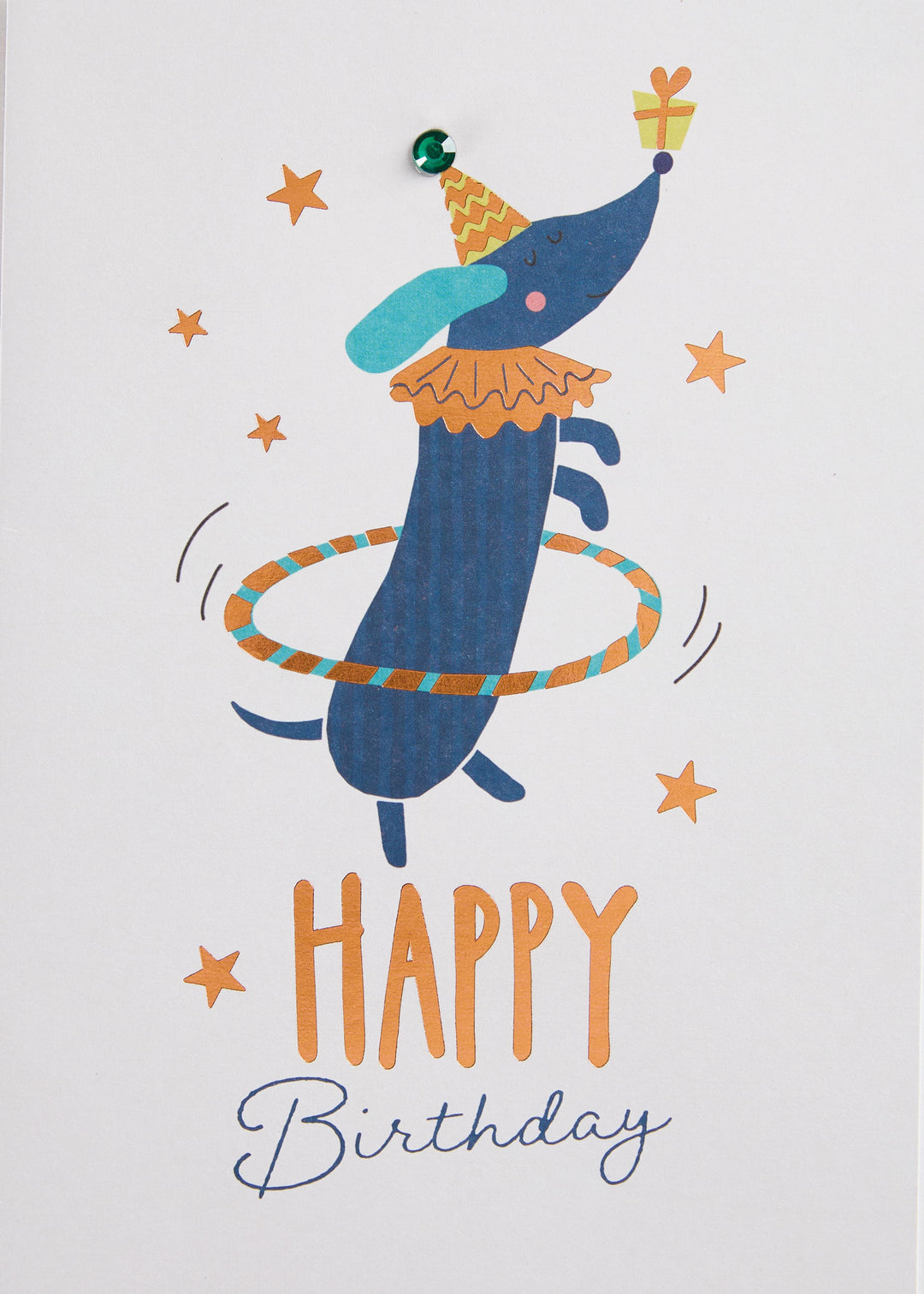 Happy Birthday greeting card with teal gem accent and copper foil shimmer text.