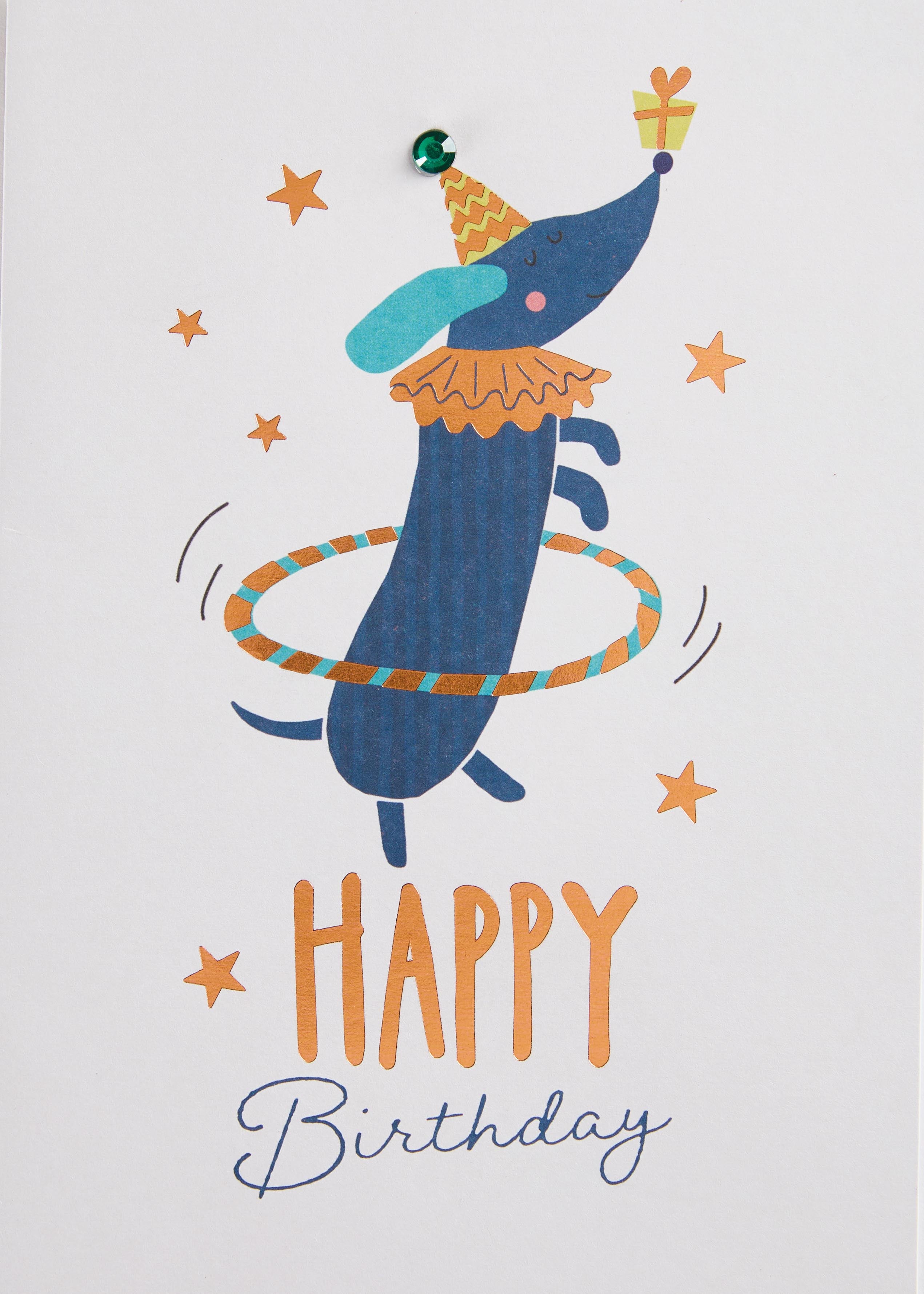 Happy Birthday greeting card with teal gem accent and copper foil shimmer text.