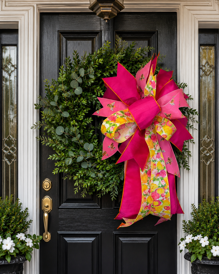 Large pink and floral patterned bow with bee accents on a green boxwood wreath on a black front door.