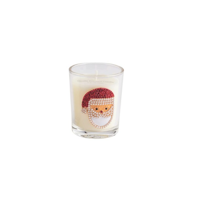 Glass votive vanilla scented candle featuring a beaded Santa Claus icon on the front.