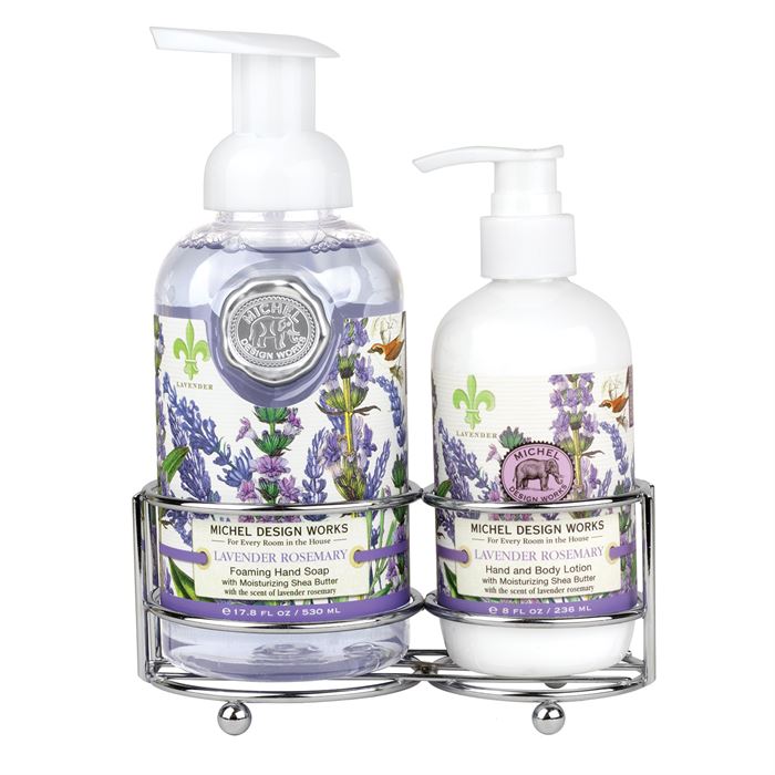 Foaming hand soap dispenser with lotion pump in a neutral caddy.