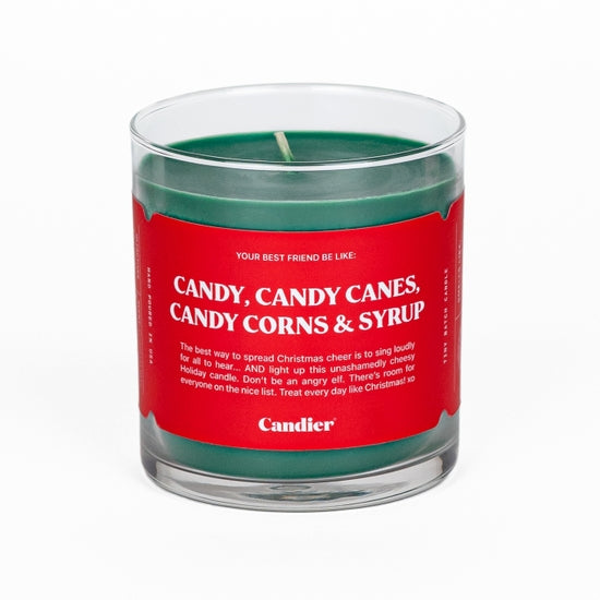 Candy-themed candle in a clear glass jar with cinnamon-colored wax.