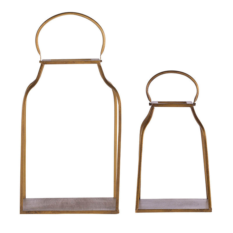 Antique gold iron lantern with a simple rectangular frame and clear glass panels.
