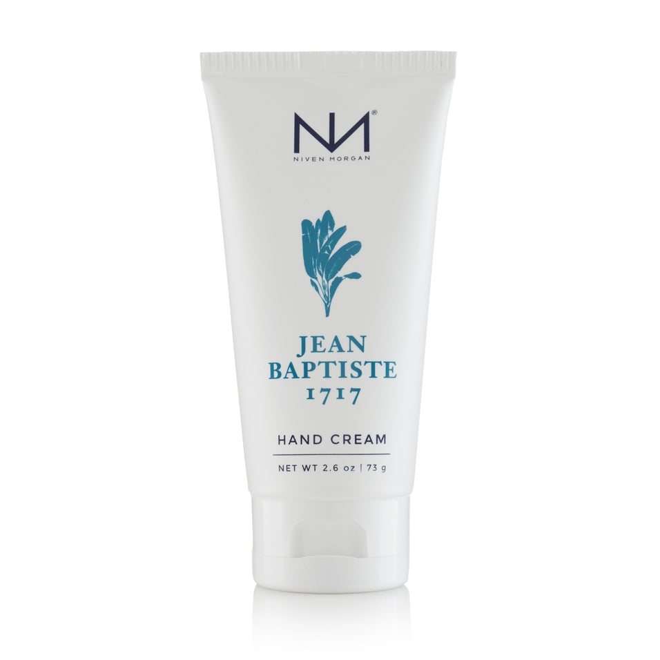 Niven Morgan Jean Baptiste 1717 Hand Cream in a 2.6 oz white squeeze tube.