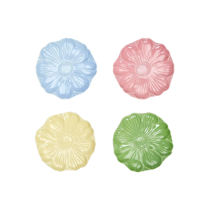 Set of four 8-inch ceramic Flora Flower Accent Plates in blue, pink, yellow, and green.