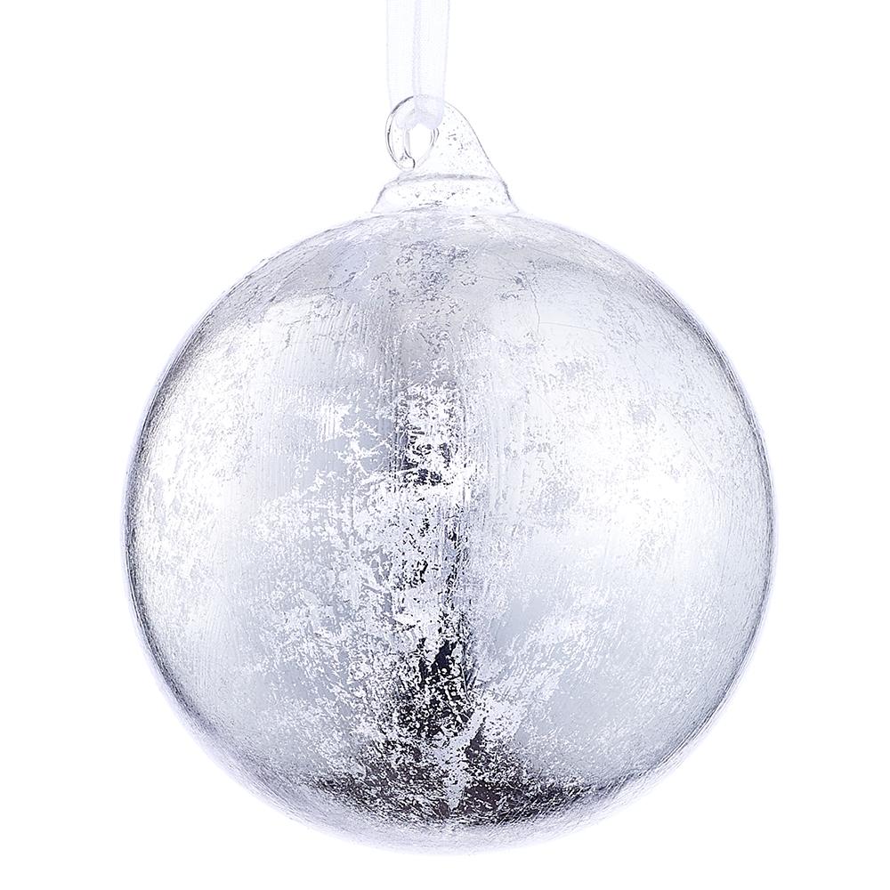 4-inch silver glass ball ornament with a distressed, metallic finish and a clear hanging loop.
