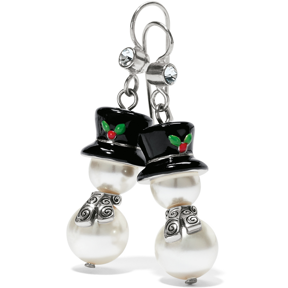Tinsel Town Snowman French Wire Earrings with pearl bodies, black top hats, and silver scarves.