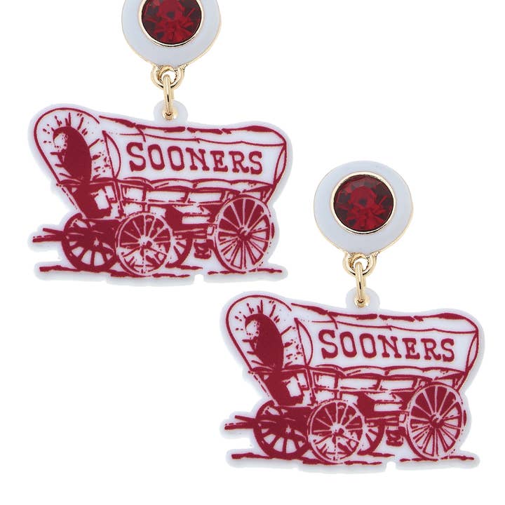 Oklahoma Sooner Schooner wagon resin earrings in crimson and white with gold-plated hardware.