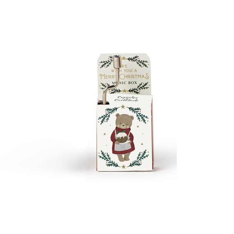 Hand-cranked Christmas music box featuring a bear illustration and 'Merry Christmas' text.
