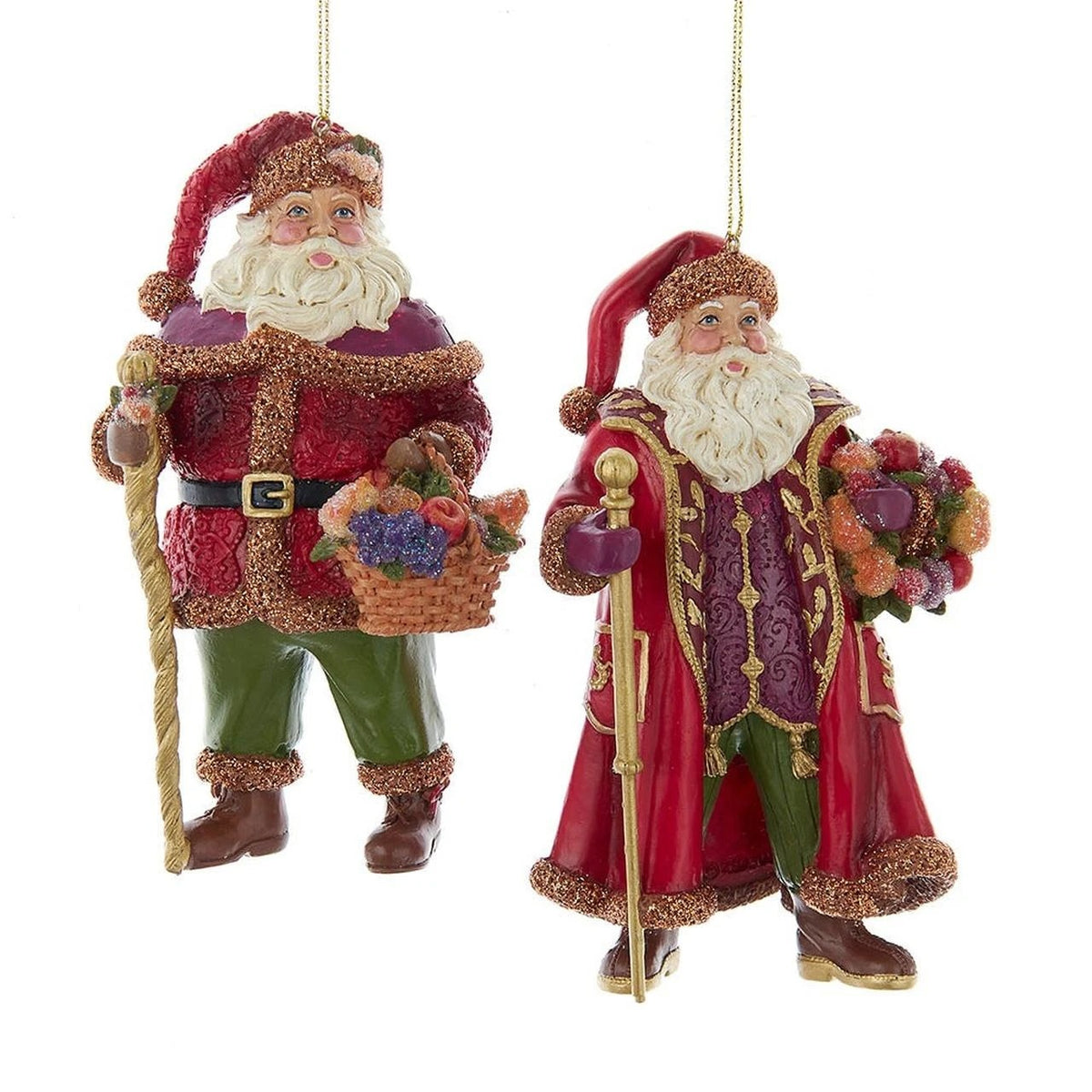 Two resin Sugar Frost Santa ornaments with frosted details, holding a staff and a basket of fruit.