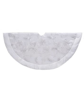 50-inch white polyester tree skirt featuring embroidered sequin flowers and a fringed border.