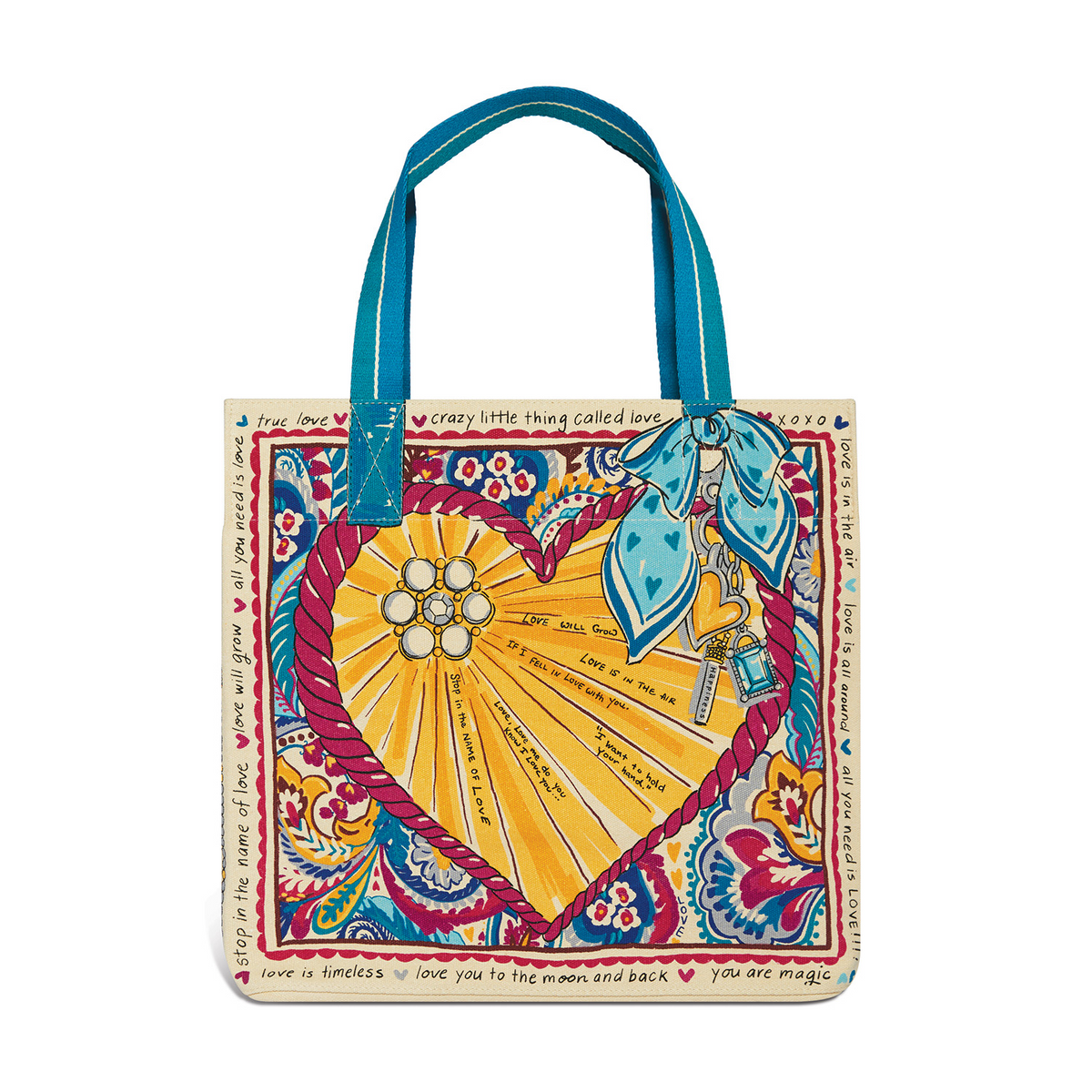 Love Story Tote featuring a vibrant heart design with romantic typography and blue canvas handles.