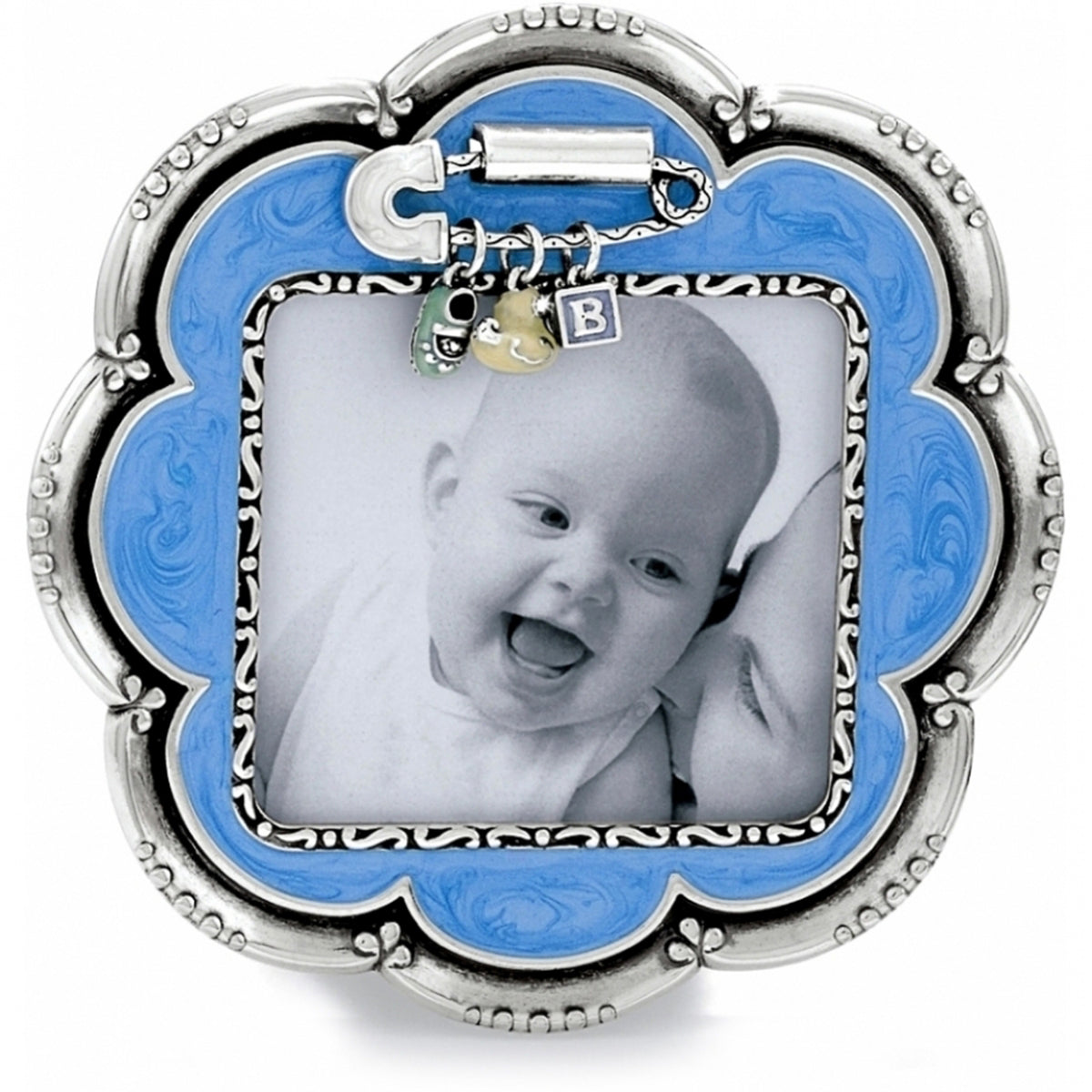 Baby Love Flower Frame in blue enamel with silver accents and a safety pin charm detail.