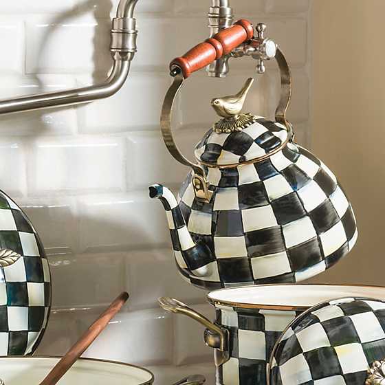 Courtly Check enamel tea kettle with bird motif in blue check pattern