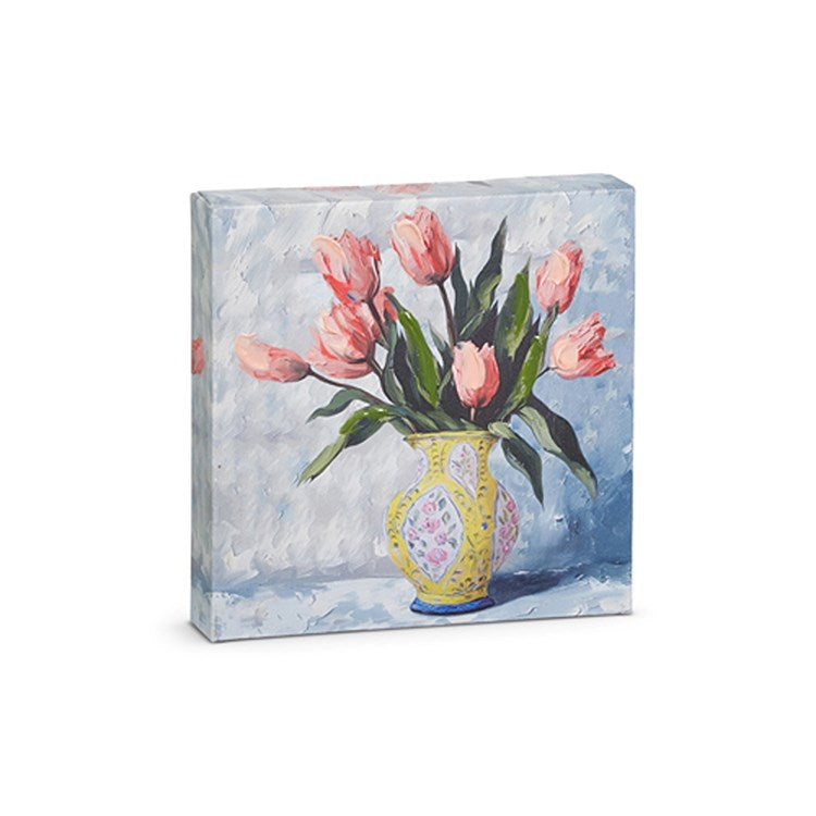 6-inch square wall art featuring potted tulips on an MDF canvas frame with a natural wood finish.