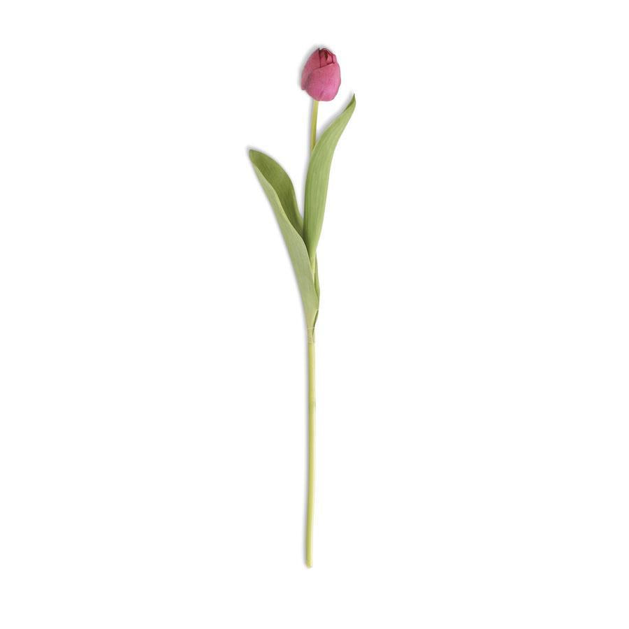 Single tulip stem in silk with real touch finish featuring a polyester and PVC material blend.