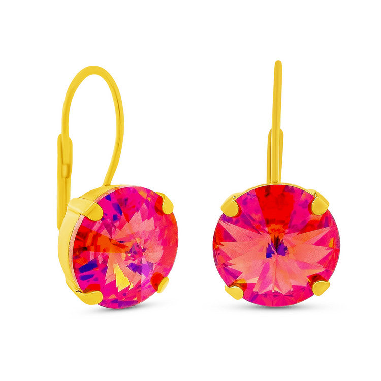 Antique gold round hoop earrings with high-quality crystals in Candy Crush color