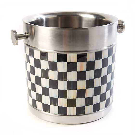 Courtly Check ice bucket with stainless steel trim and handles, featuring a black and white pattern.