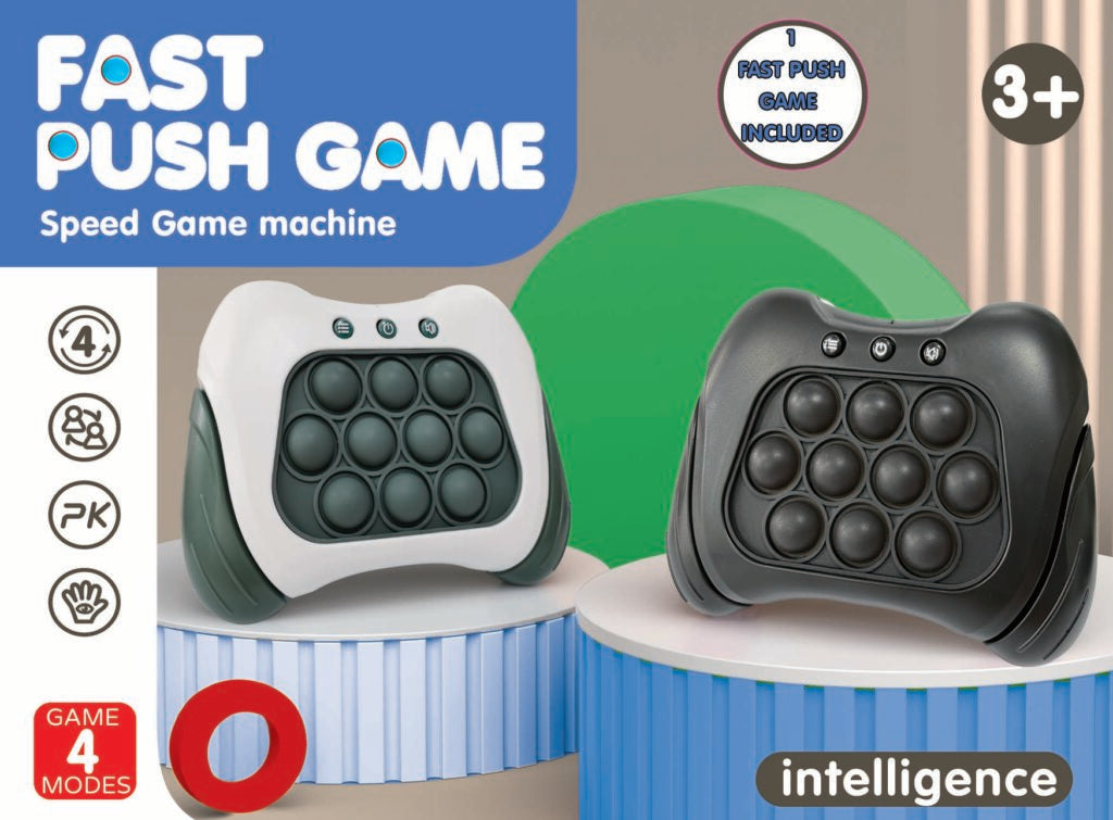 Fast Push Game machine with 12 pop-it bubbles, available in white and black, featuring 4 game modes.