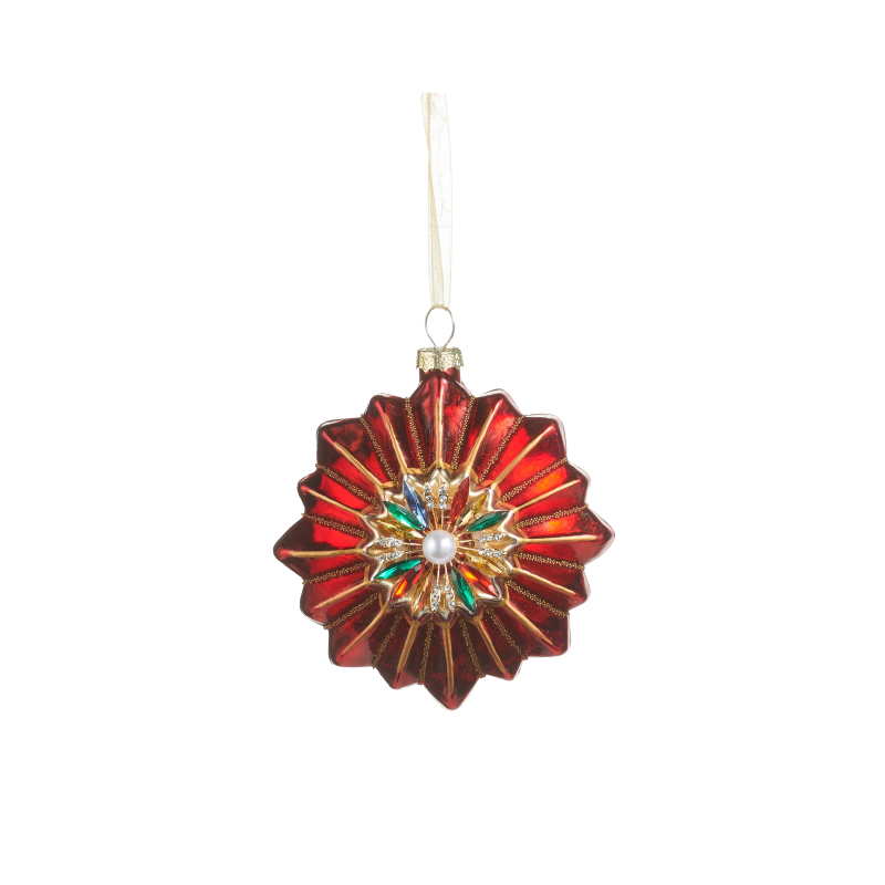 4-inch red glass medallion Christmas ornament with gold ridges and a jeweled center.