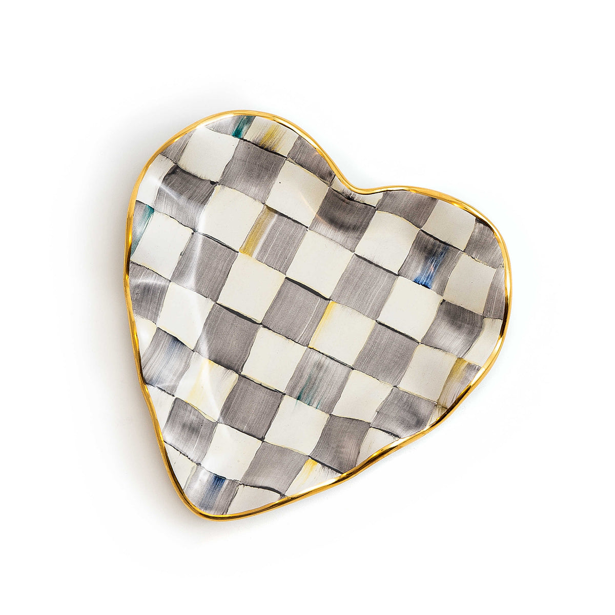 Sterling Check Fluted Heart Plate with hand-painted grey and white checks and a gold lustre rim.