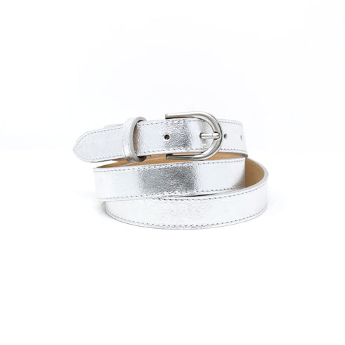 Silver metallic leather belt with a rounded silver-tone buckle and fine stitching.