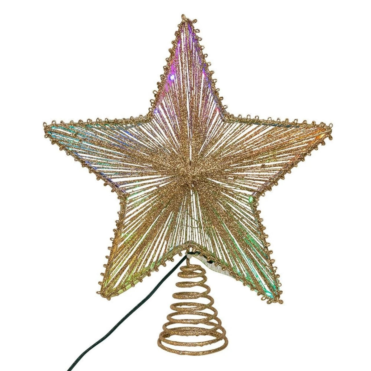 11.5-inch gold glitter star tree topper with multicolor SMD LED lights and a spiral base.