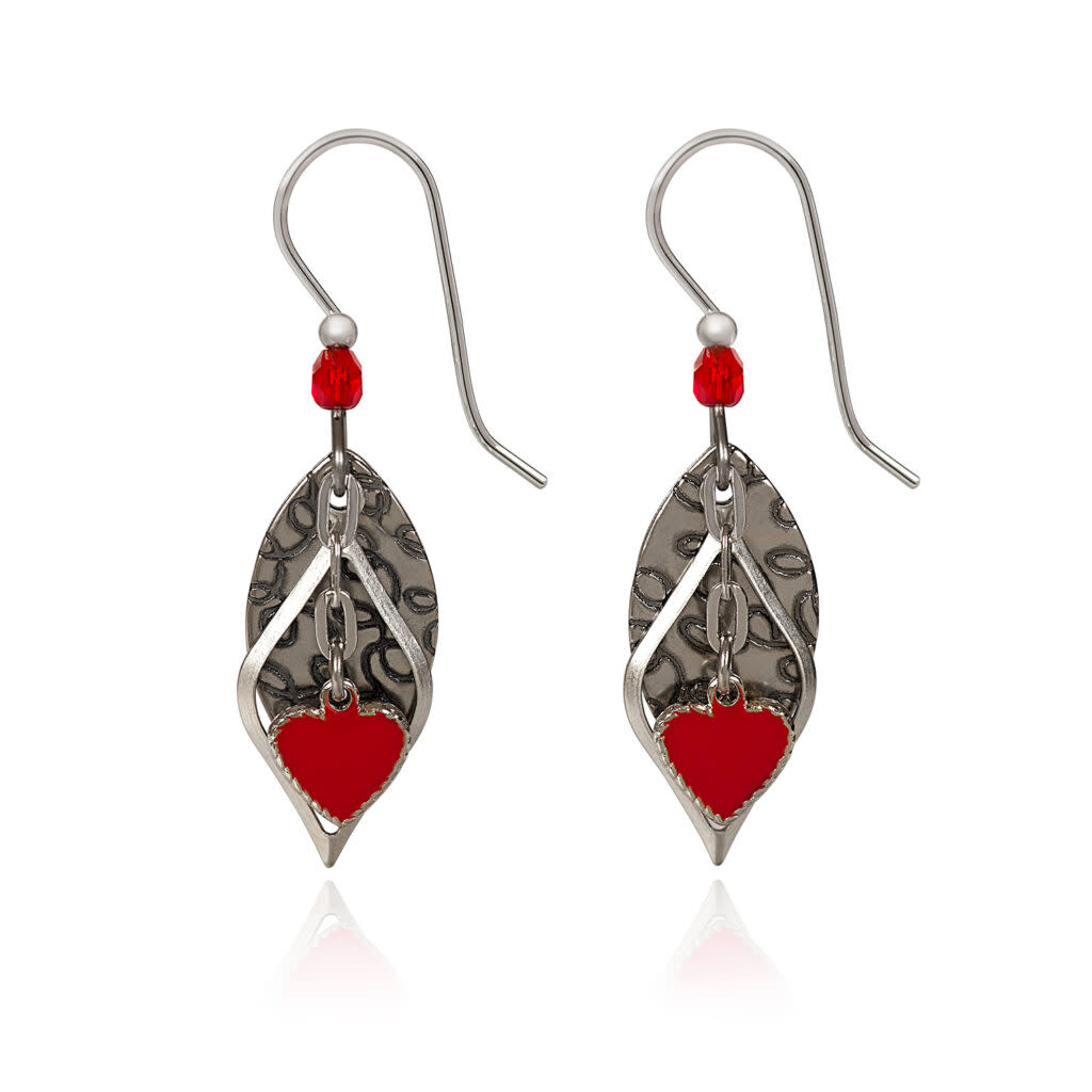 Red heart on football-shaped textured brass earrings with surgical steel earwires.
