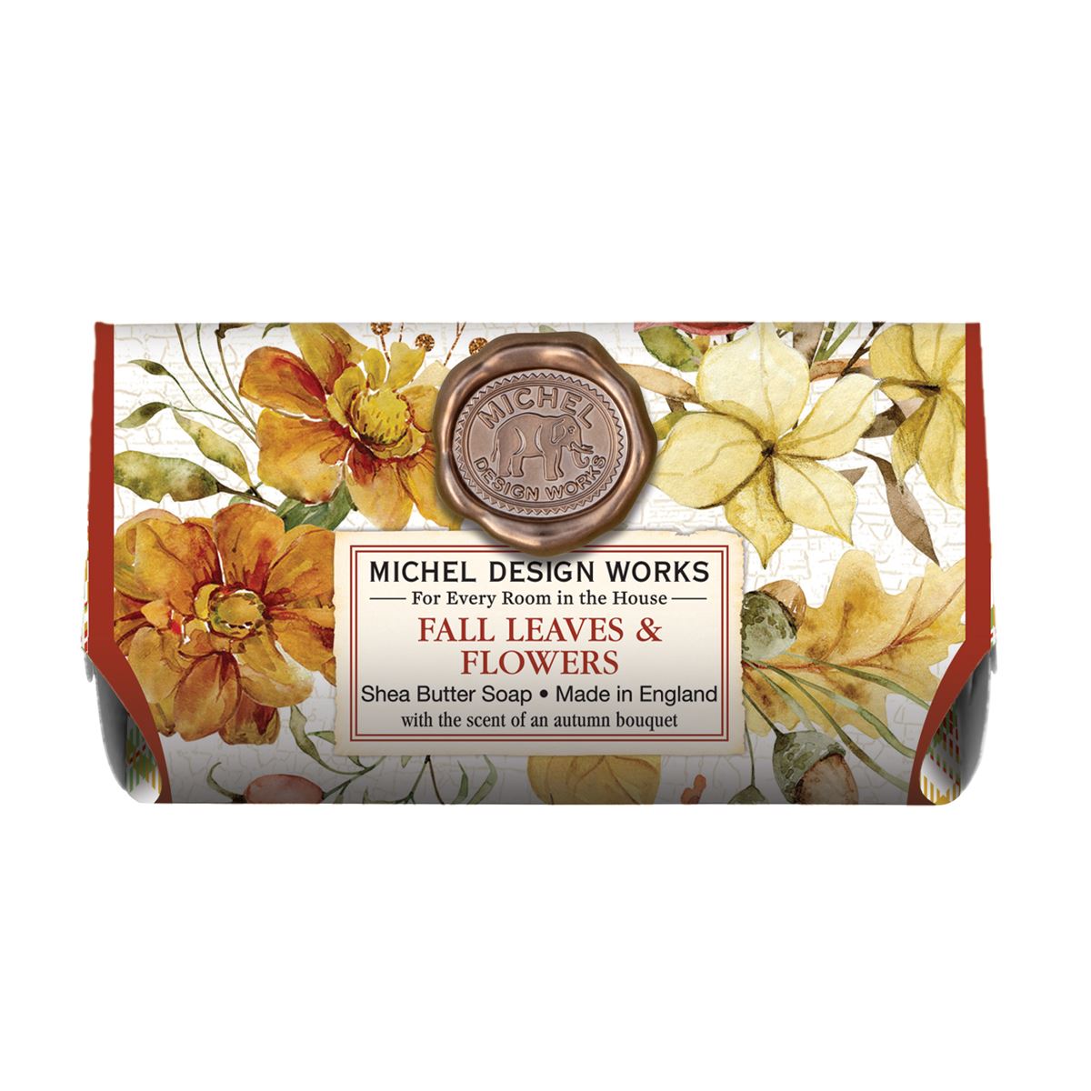 Michel Design Works Fall Leaves & Flowers shea butter soap bar with floral and autumn leaf pattern.