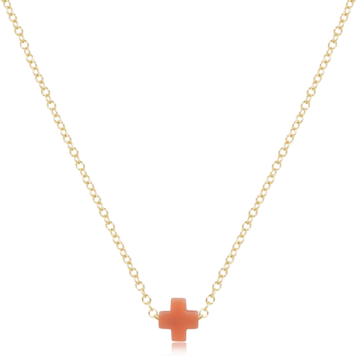 16-inch 14kt gold-filled chain necklace featuring a small coral-colored signature cross pendant.